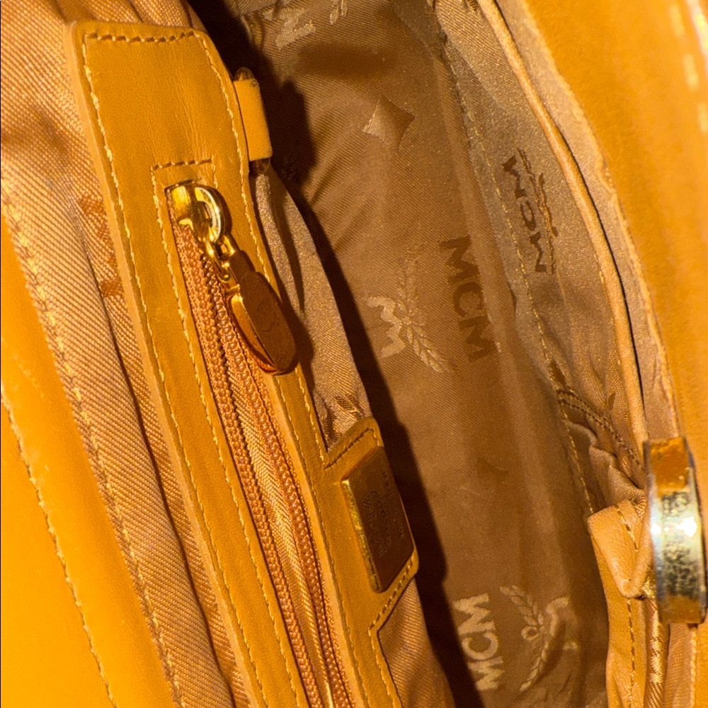 MCM Mini Cognac Leather Tote with Logo Pattern - Picture 12 of 16